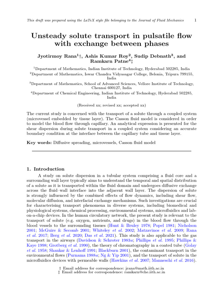 Unsteady Solute Transport in Pulsatile Flow With Exchange Between ...