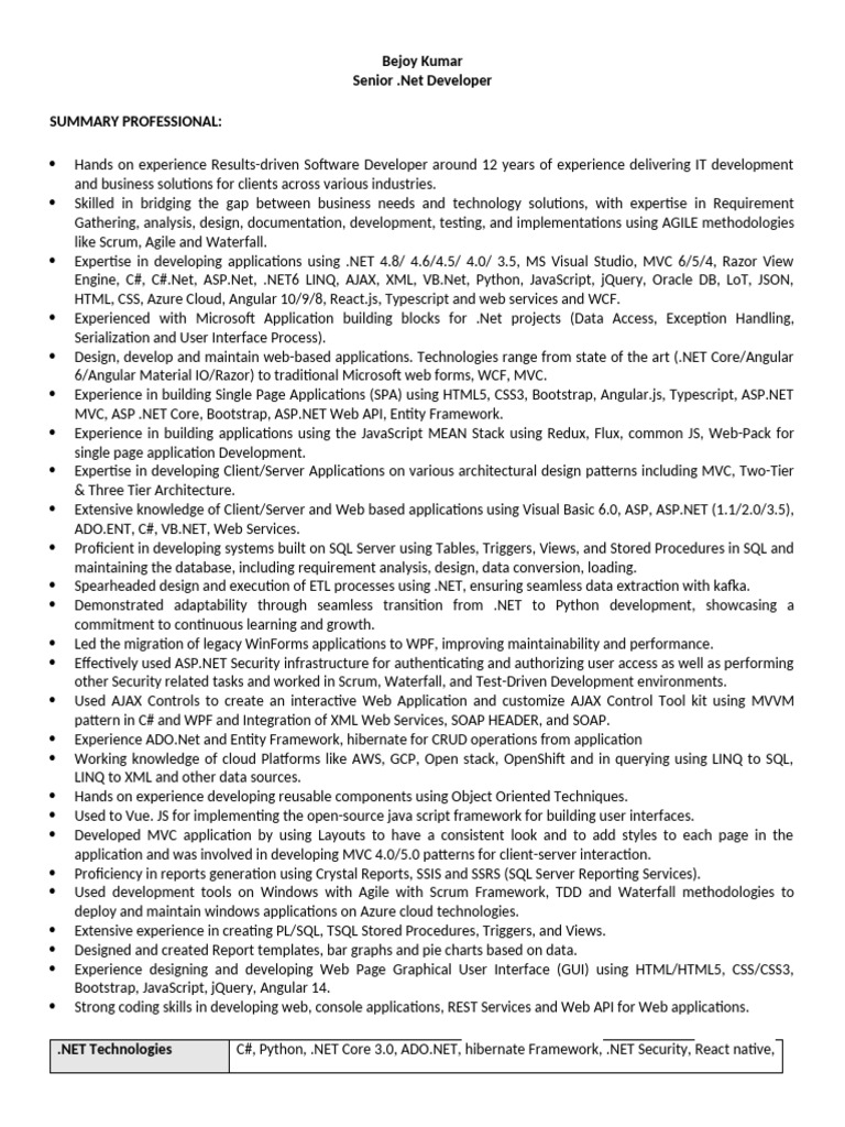 Senior .Net Developer Resume Summary | PDF | Microsoft Sql Server ...