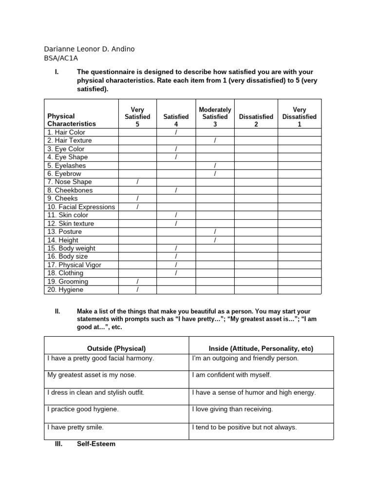 The Physical Self Activity | PDF | Self Esteem