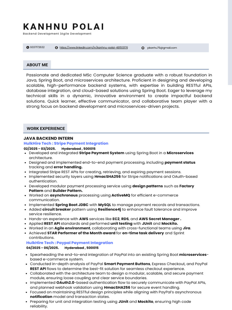 Java Backend Developer Resume | PDF | Software | Computing