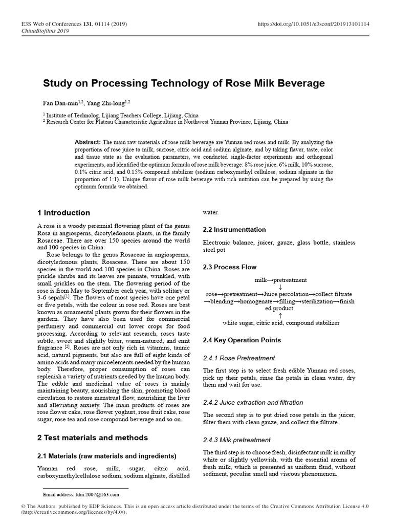 Optimal Formula for Rose Milk Beverage | PDF | Rose | Milk