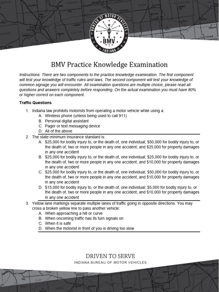 Indiana BMV Practice Exam Guide | PDF | Traffic | Speed Limit