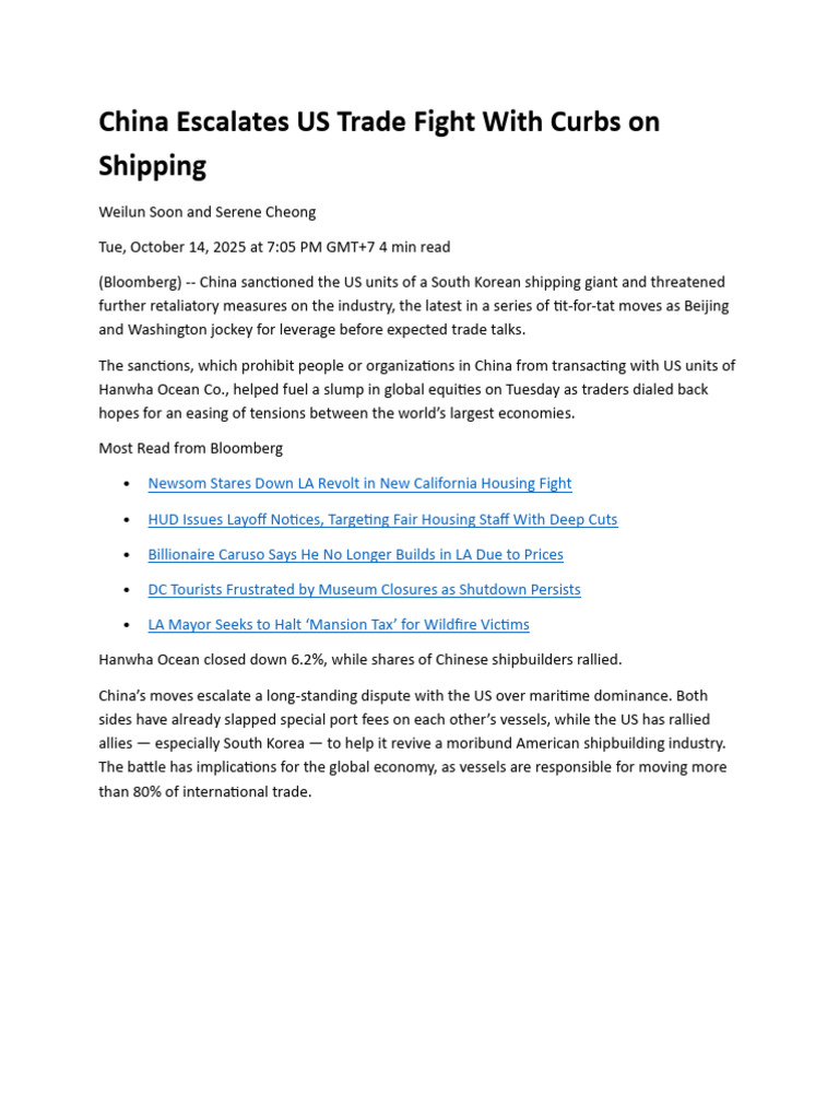 China Escalates US Trade Fight With Curbs On Shipping | PDF | China ...