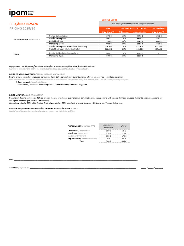 Propinas IPAM 2025/26 Lisboa | PDF | Marketing | Business