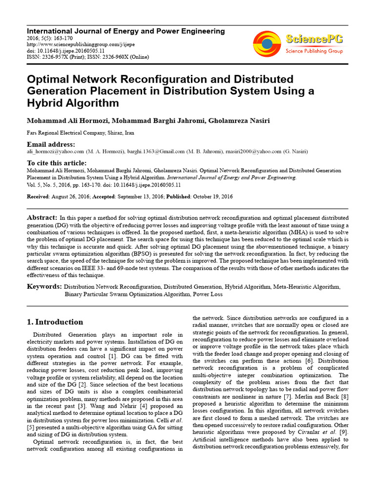 Optimal DG Placement and Network Reconfiguration | PDF | Mathematical ...