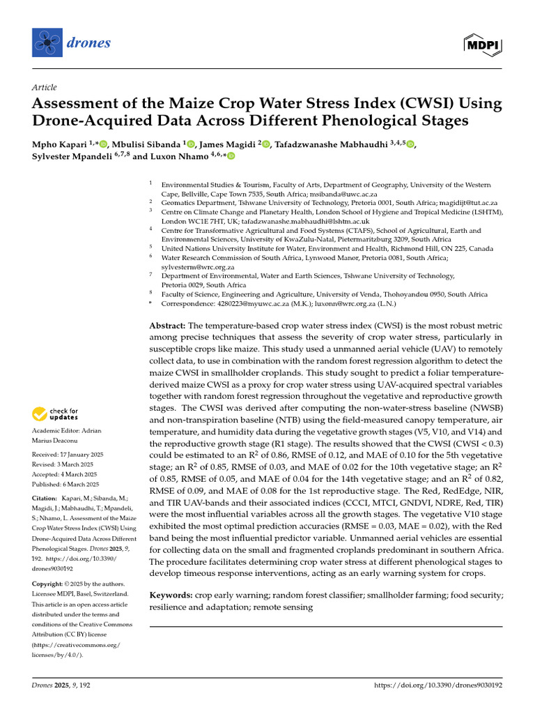 Assessment of The Maize Crop Water Stress Index (CWSI) Using Drone ...