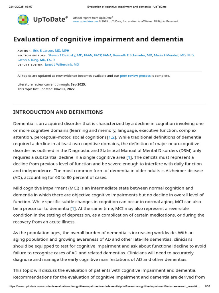 Evaluation of Dementia and Cognitive Impairment | PDF | Dementia ...