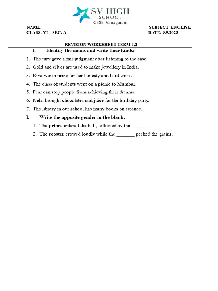 English Revision Worksheet for Class VI | PDF | Linguistics ...
