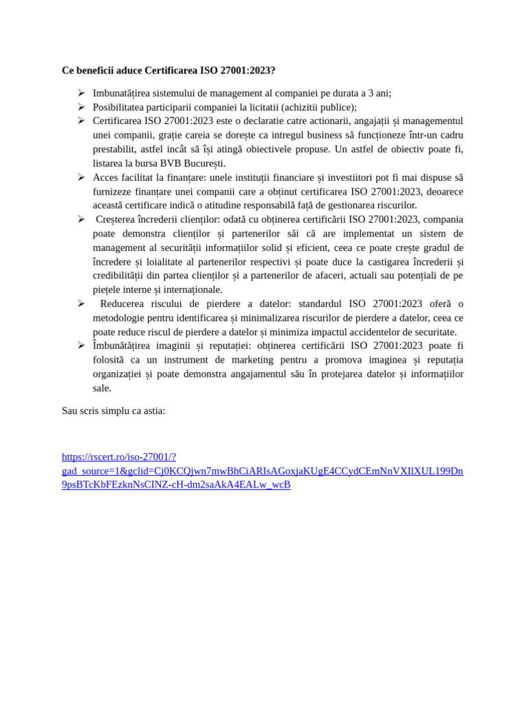 Ce Beneficii Aduce Certificarea ISO 27001 | PDF