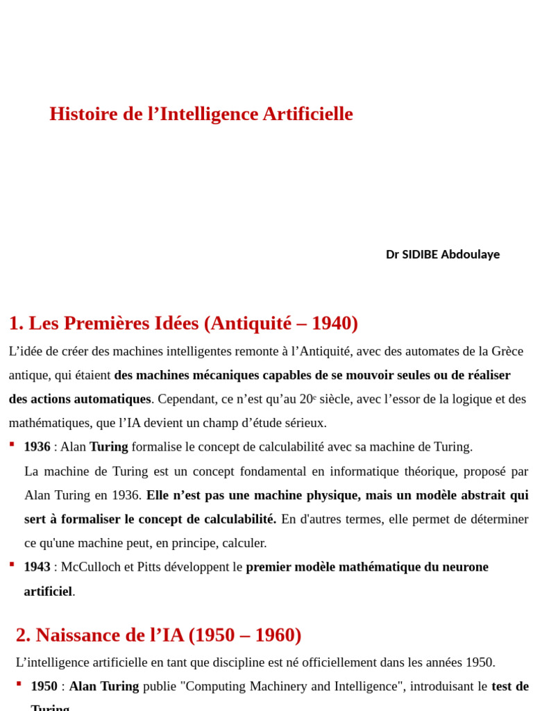 Histoire de l'Intelligence Artificielle | PDF | Apprentissage ...