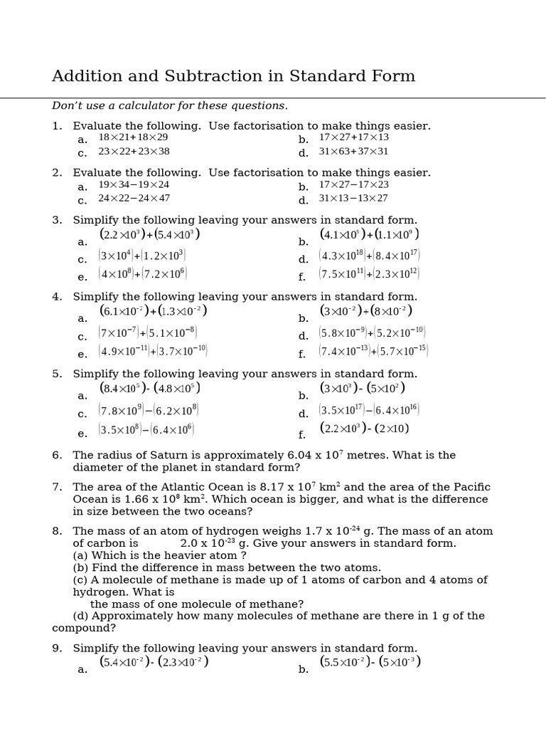 2c - Standard Form Addition and Subtraction | PDF | Methane | Chemistry