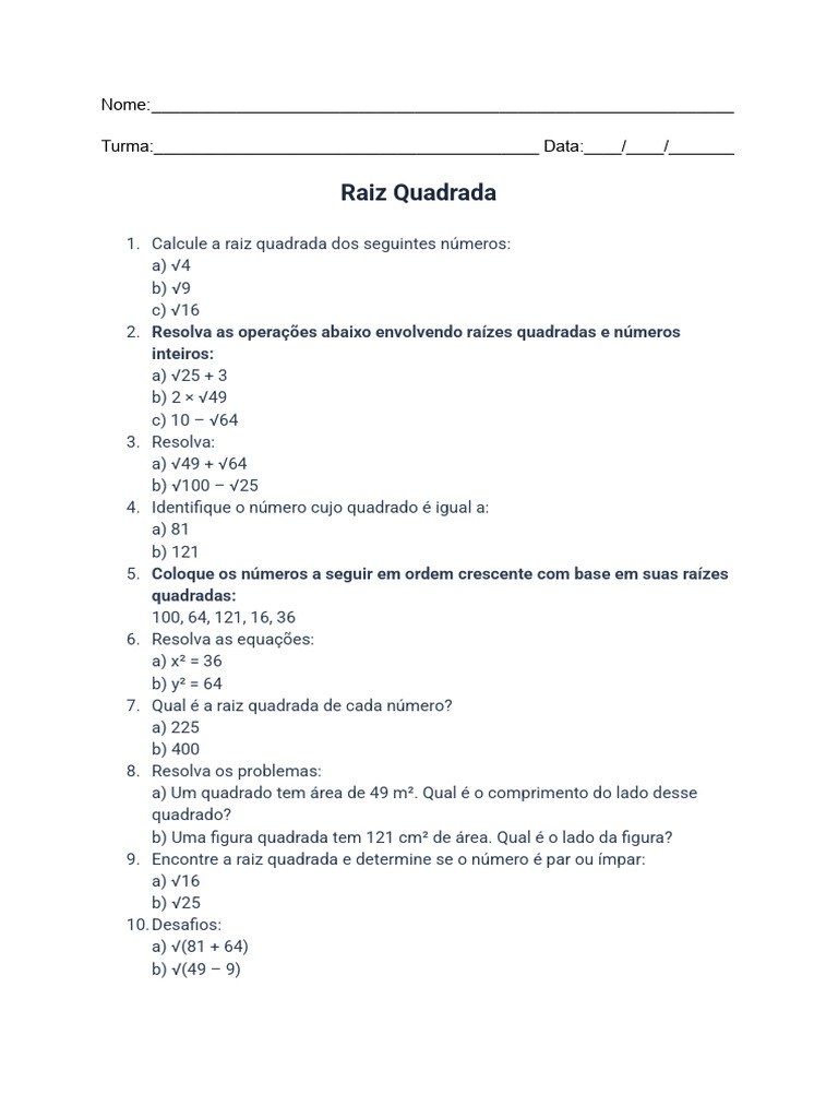 Atividades de Raiz Quadrada 6º Ano | PDF | Raiz quadrada | Analise ...