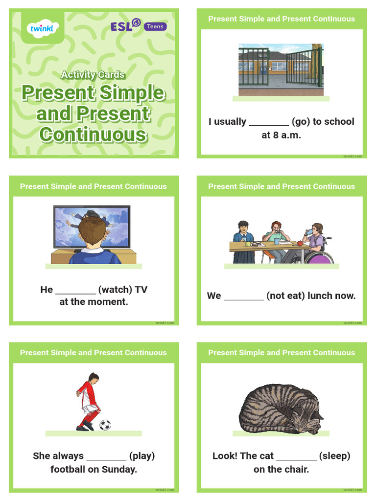 T 1751292294 Esl Present Simple and Present Continuous Cards Teens A1 ...