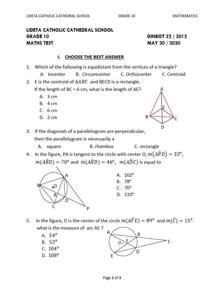 Grade 10 Mathematics Test Questions | PDF | Rectangle | Geometric Shapes