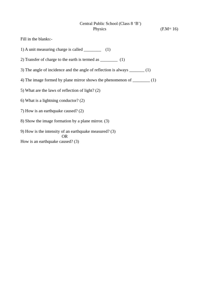 Class 8 Physics Worksheet on Charge and Light | PDF
