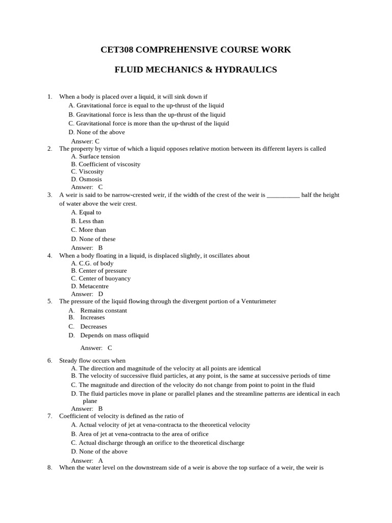 Fluid Mechanics & Hydraulics Coursework | PDF | Pressure | Fluid Dynamics