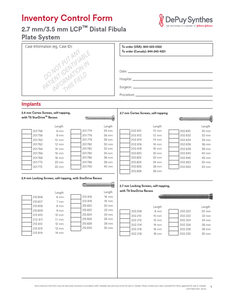 Distal Fibula Inventory Control Form | PDF | Screw | Woodworking