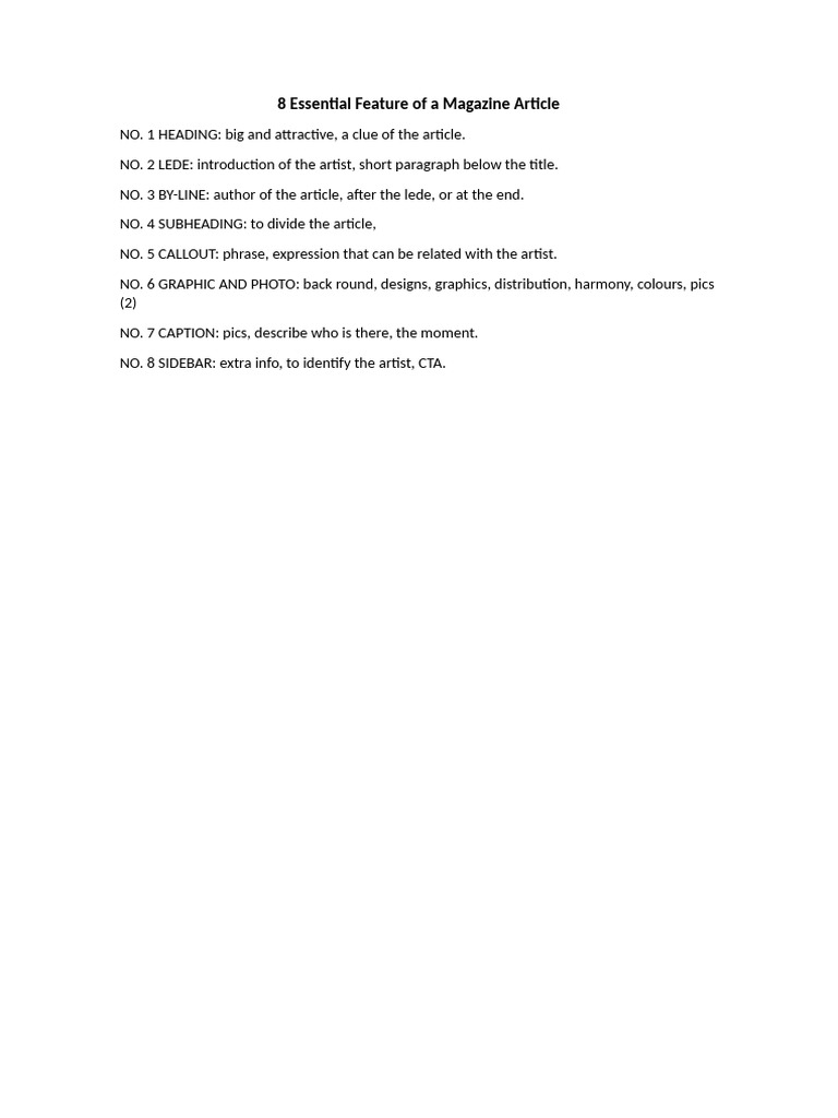 8 Essential Feature of A Magazine Article | PDF