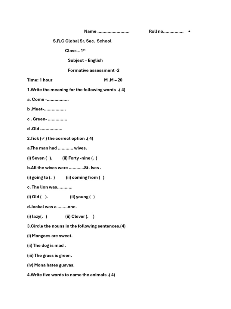 Class 1 English Formative Assessment 2 | PDF
