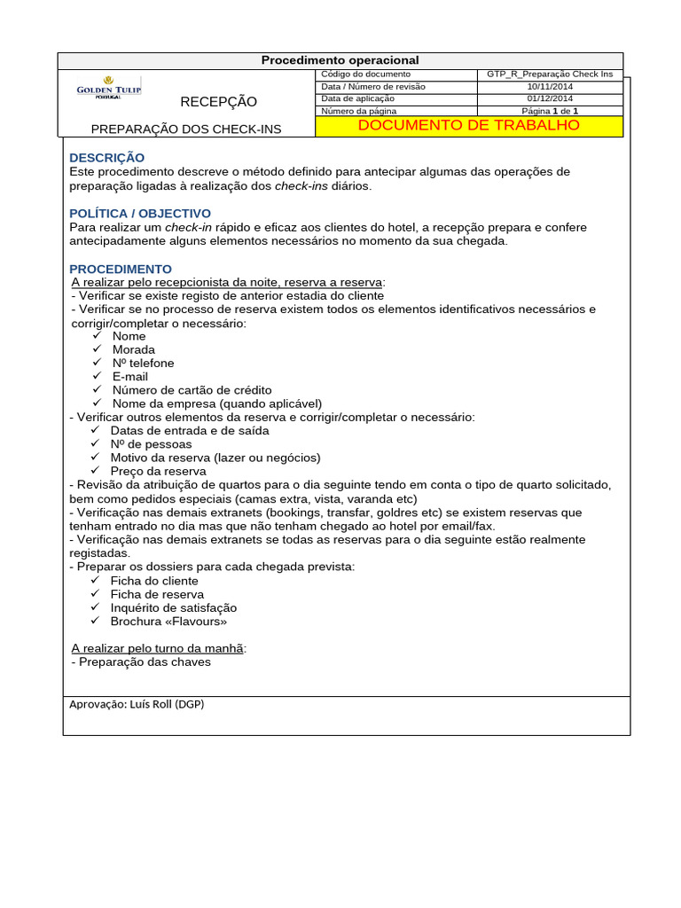 Preparação Eficiente de Check-Ins Hotelaria | PDF