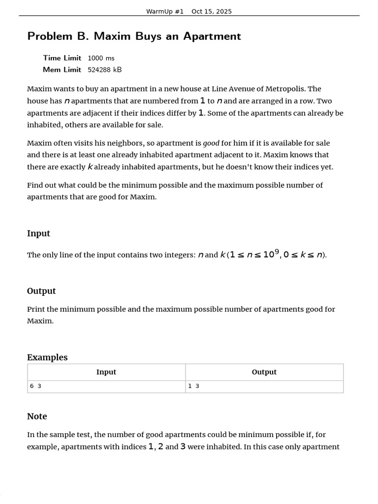 Problem B. Maxim Buys An Apartment: 1000 Ms 524288 KB | PDF