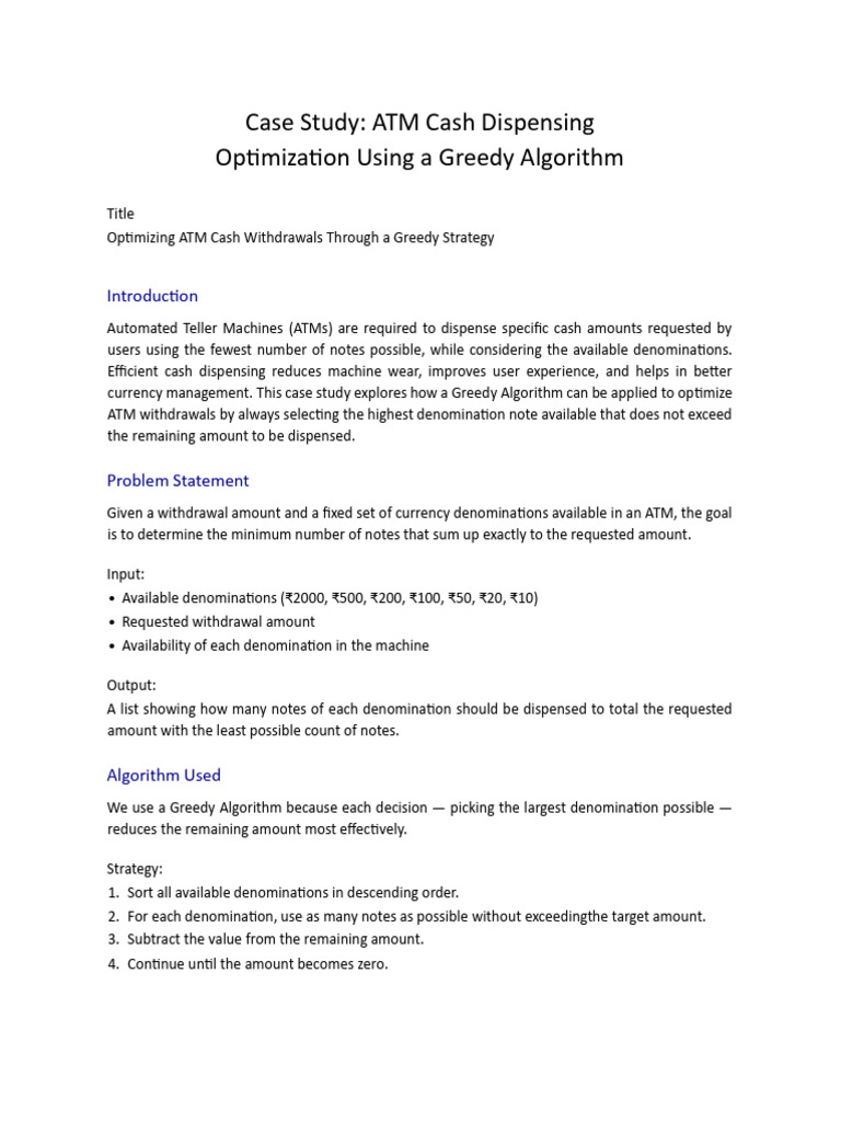 Optimize ATM Cash Withdrawals Efficiently | PDF | Algorithms | Computer ...