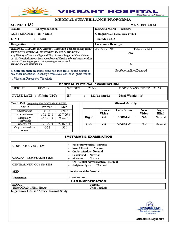 Medical Surveillance Proforma: Sl. No | PDF | Creatinine | Clinical ...