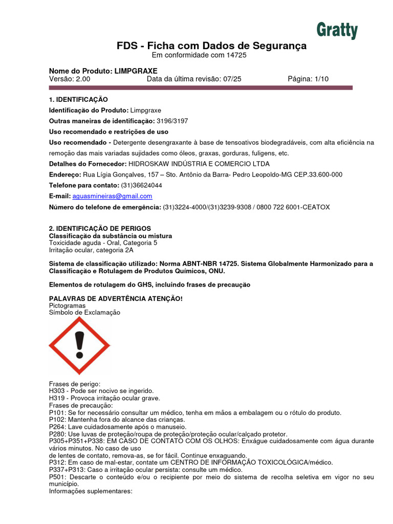 Fds - Ficha Com Dados de Segurança Limpgraxe - Versão 2 - 2025 | PDF ...