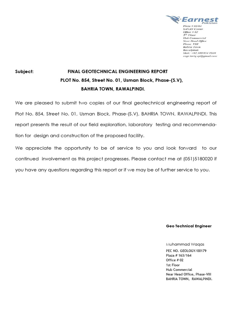 Geotechnical Report for Bahria Town Plot 854 | PDF