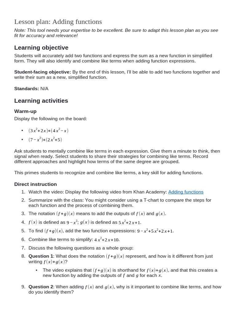 Adding Functions: Lesson Plan Guide | PDF | Function (Mathematics ...