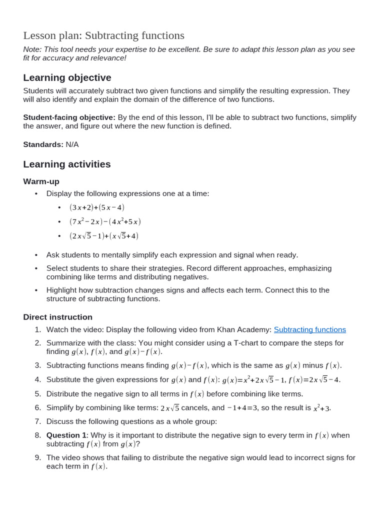 Lesson Plan - Subtracting Functions | PDF | Function (Mathematics ...