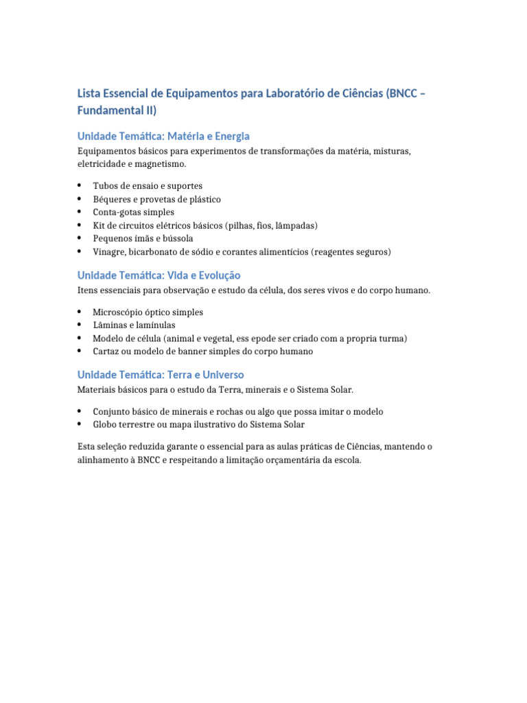 Equipamentos Essenciais para Laboratório de Ciências | PDF