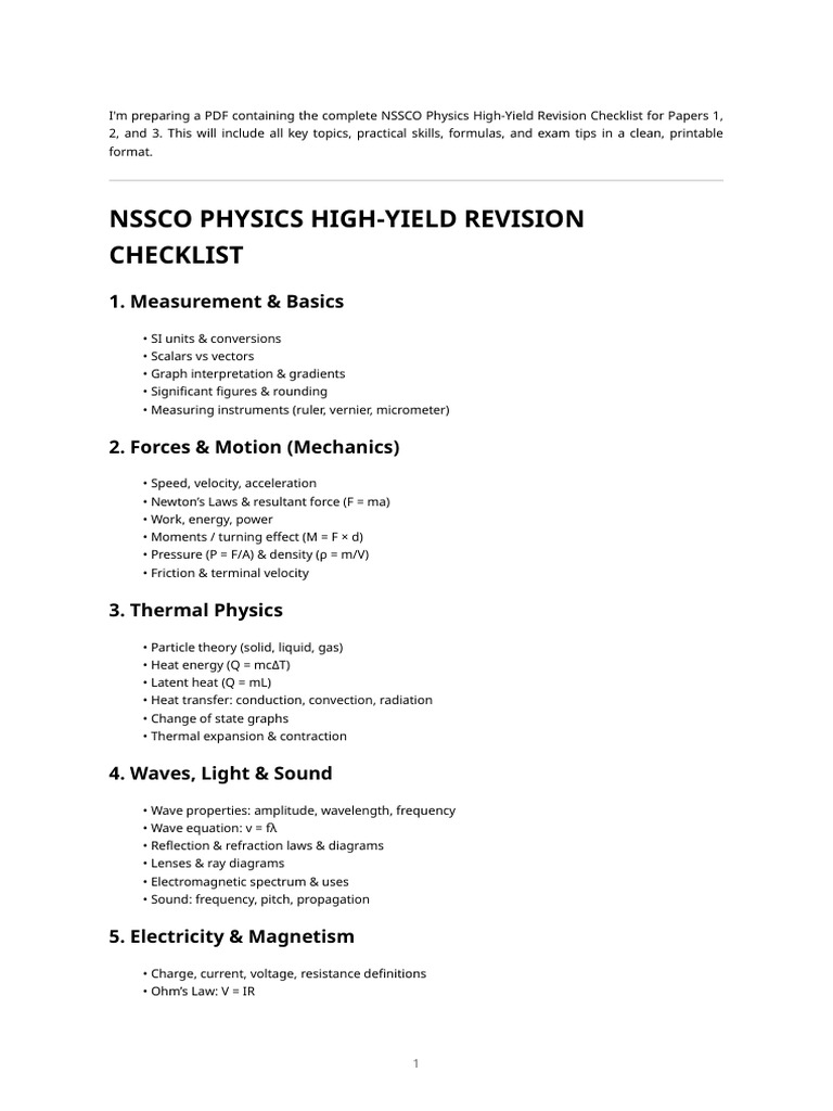 NSSCO Physics Revision Checklist | PDF | Waves | Electromagnetic Radiation