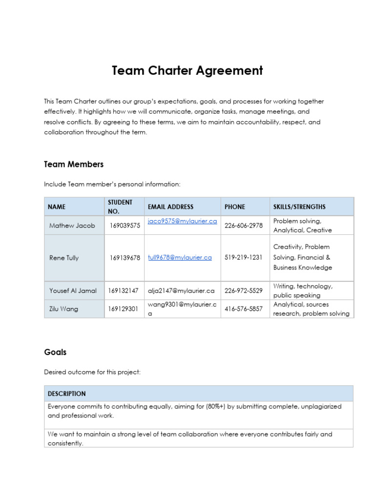 Team Charter Agreement for Collaboration | PDF | Human Communication ...