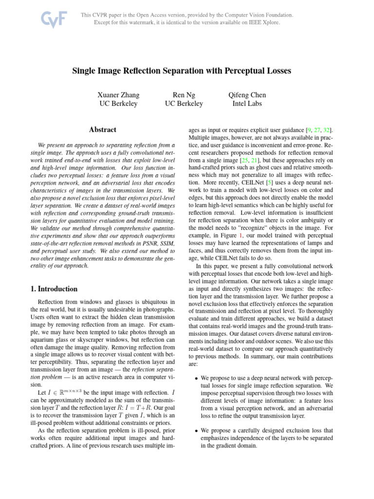 Single Image Reflection Separation Method | PDF | Perception | Deep ...