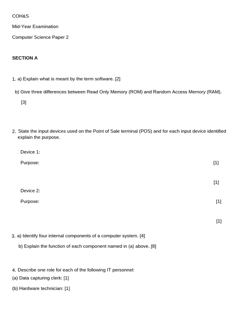 Computer Science Paper2 COHS MidYear Exam | PDF | Input/Output | Read ...
