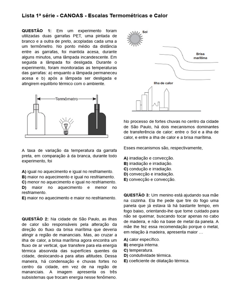 Escalas Termométricas e Calor: Questões 1ª Série | PDF | Calor ...