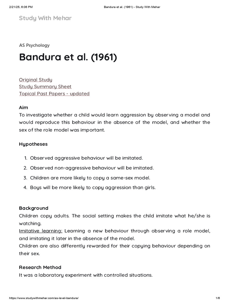 Bandura's 1961 Aggression Study Summary | PDF | Behavioural Sciences ...