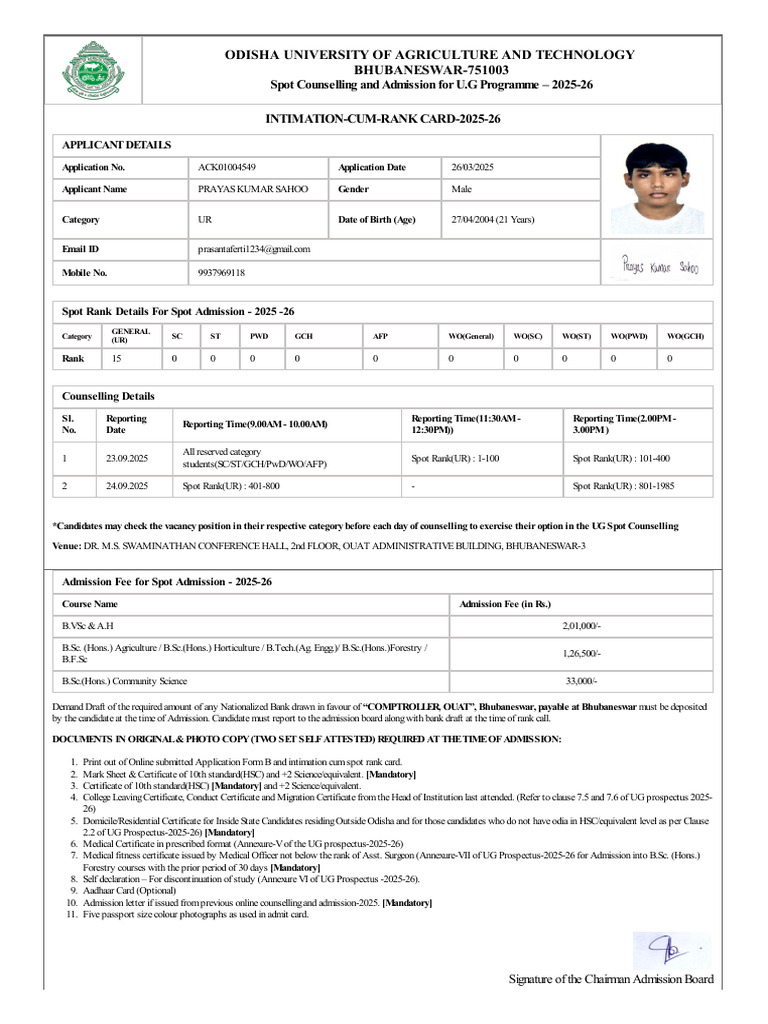 Ouat Spot Counselling Rank Card-Ack01004549 | PDF