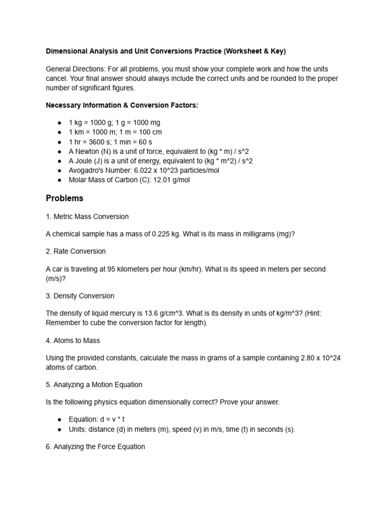 Dimensional Analysis Practice Worksheet | PDF | Mole (Unit) | Mass