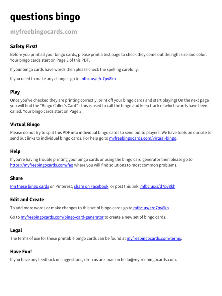Printable Questions Bingo Cards | PDF | Play (Activity) | Gaming