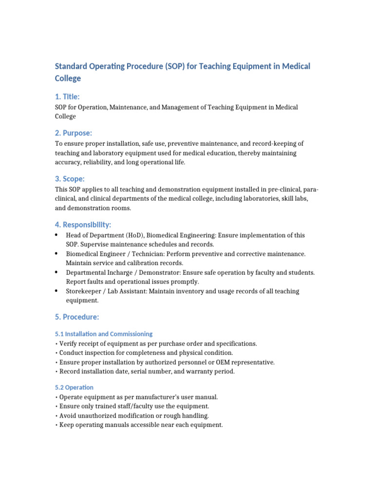 SOP Teaching Equipment Medical College | PDF | Laboratories | Calibration