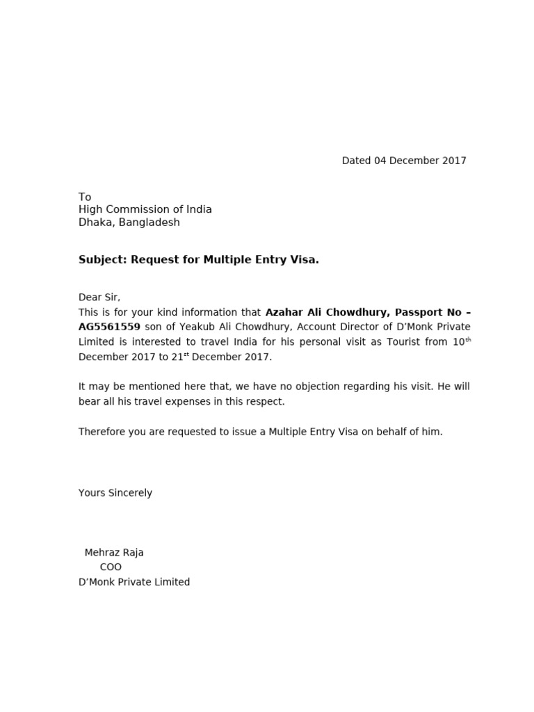Request for Multiple Entry Visa for Travel | PDF