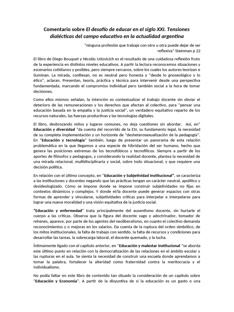 Comentario Sobre El Desafío de Educar en El Siglo XXI VD | PDF ...