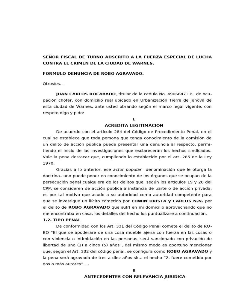 Denuncia de Robo Agravado en Warnes | PDF | Robo | Crimen y violencia