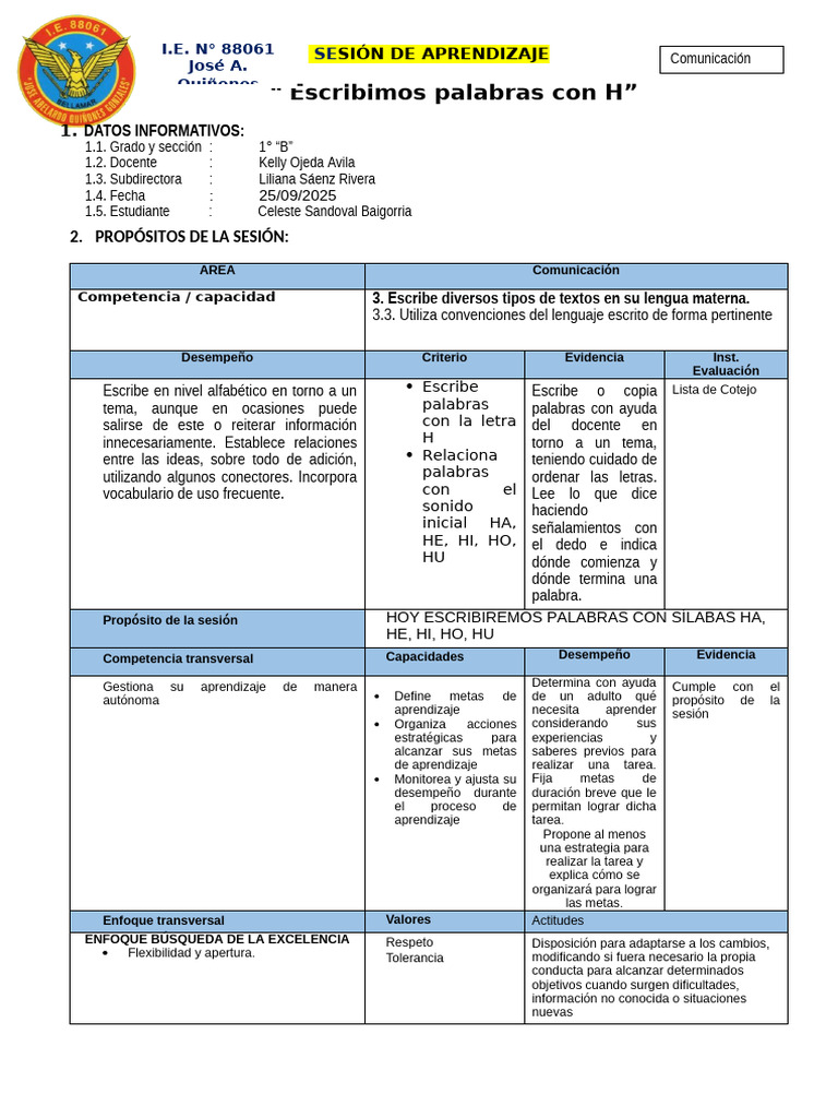 Escribimos palabras con H en 1° B | PDF | Aprendizaje | Conceptos ...