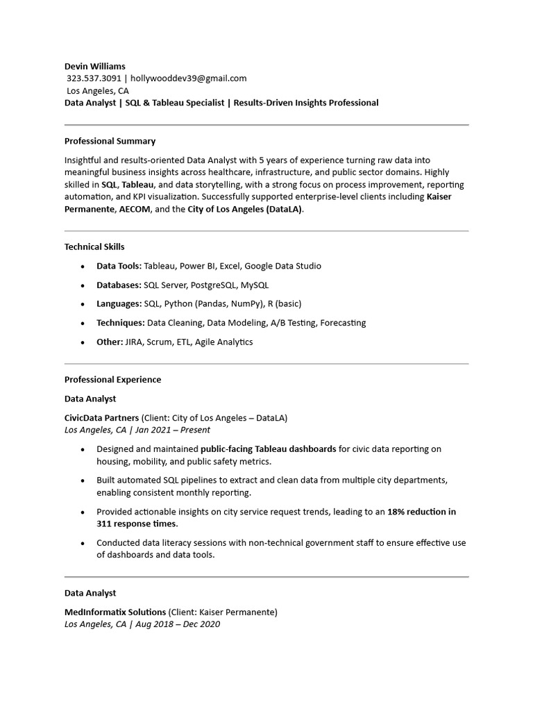 Data Analyst Resume: SQL & Tableau Expert | PDF | Sql | Data Analysis