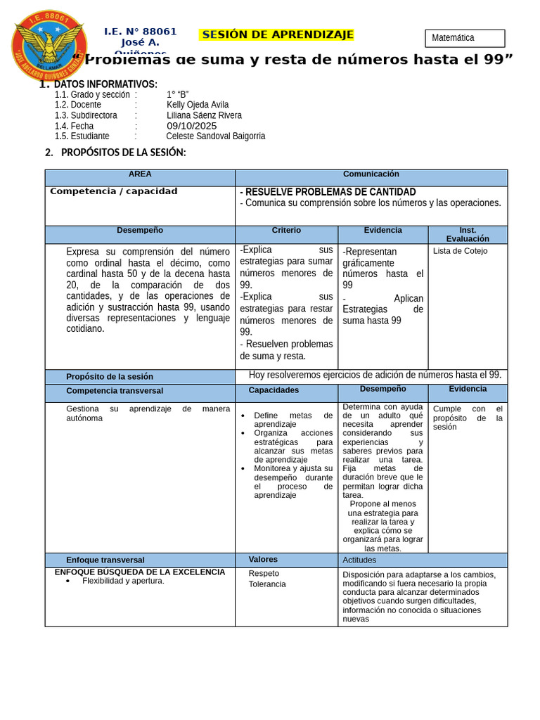 Suma y Resta hasta 99 en 1° B | PDF | Aprendizaje | Sustracción