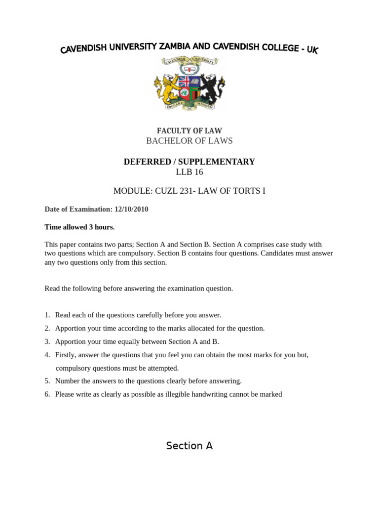 Law of Torts I Exam Guidelines | PDF | Tort | Common Law