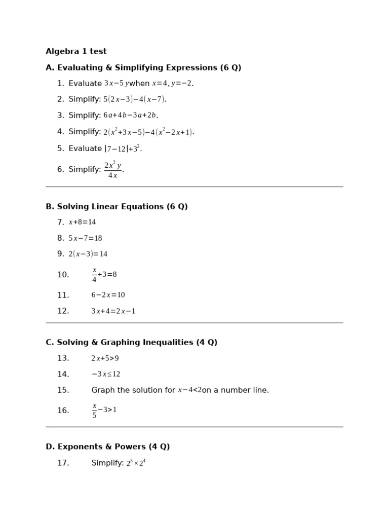 Algebra 1 Test: Expressions & Equations | PDF